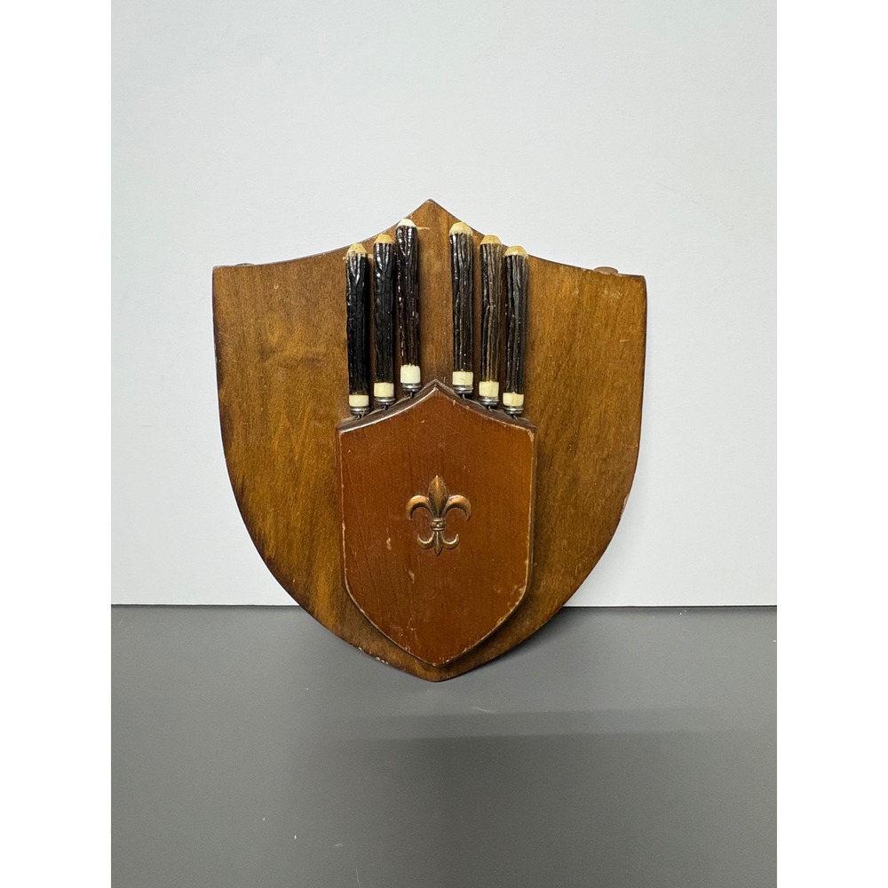 Vtg Japanese Stainless Steel Steak Knife Set 6pc Faux Stag Fleur De Lis Block